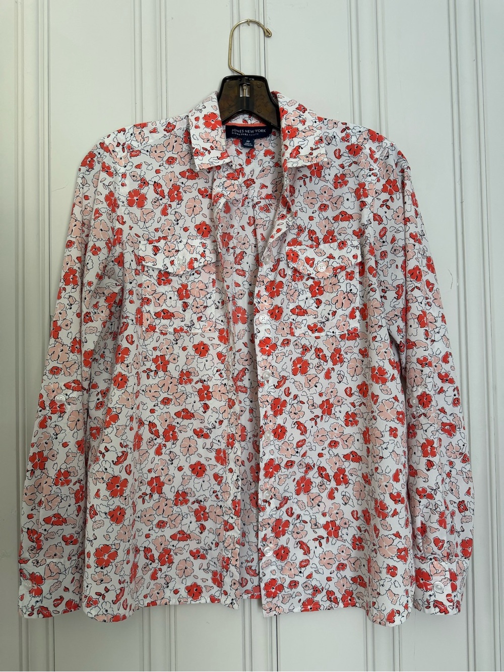 Jones New York White Shirt with Coral Floral Print
